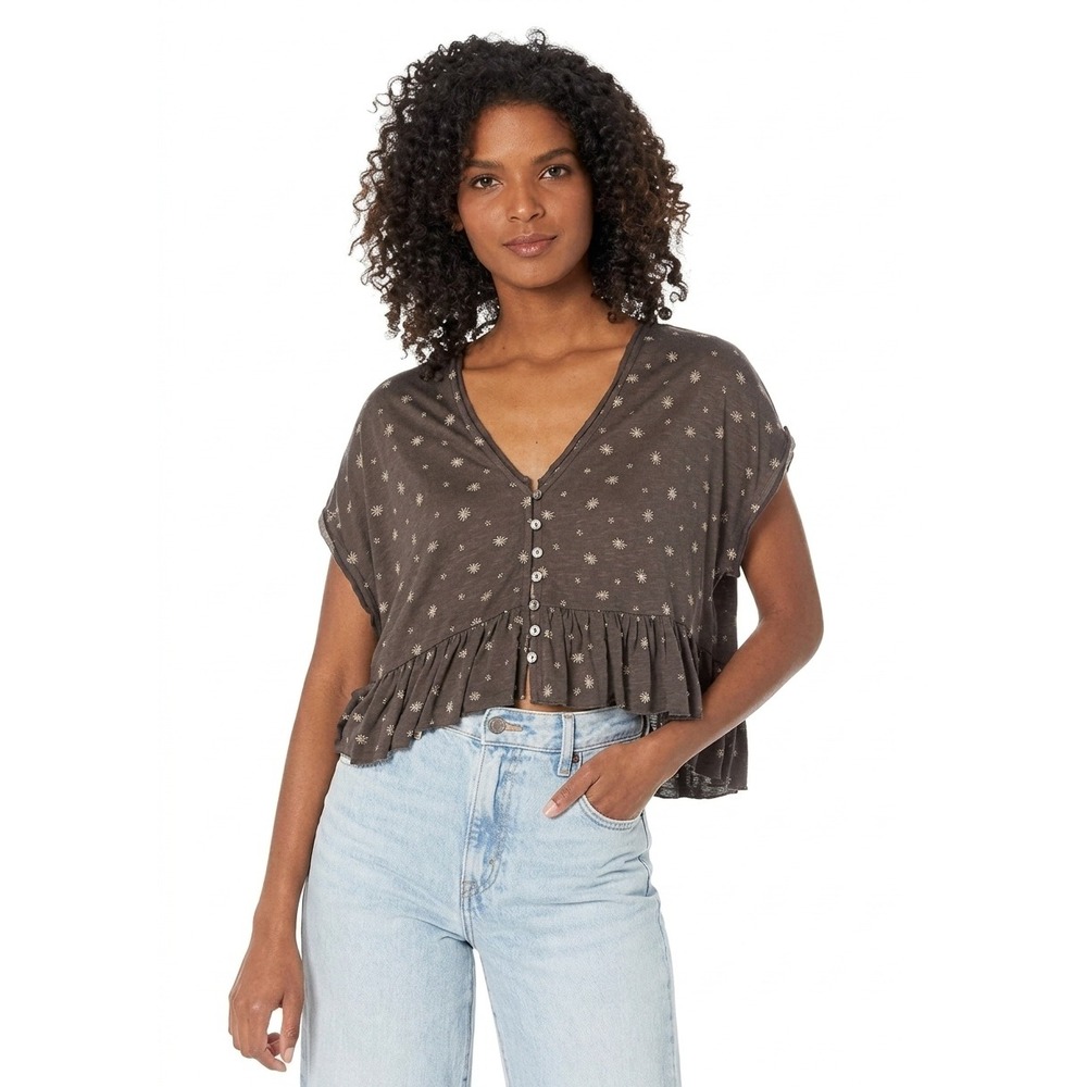 Lucky Brand Y2K Babydoll Crop Top Brown Floral Cottage Ruffle Peplum Over Size L